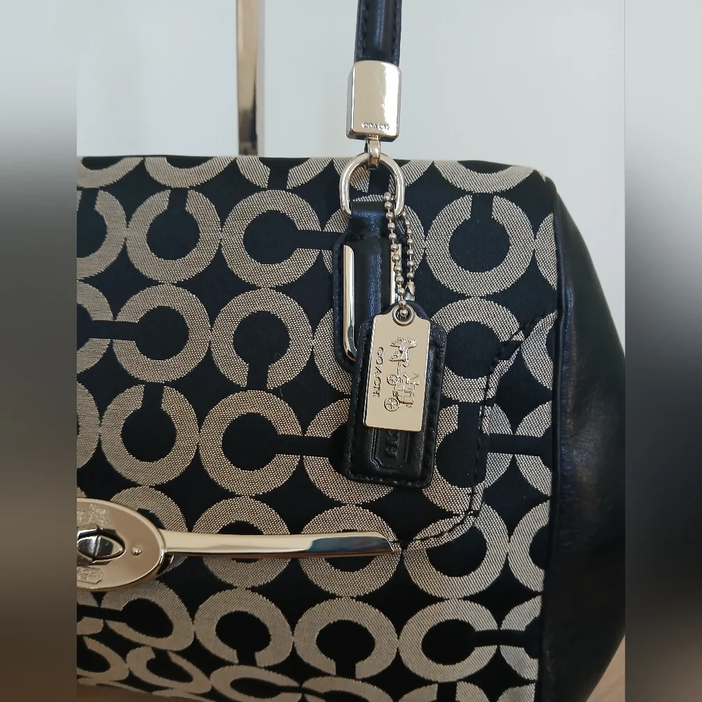Coach Madison Small Madeline East West Satchel Leather Trim Op Art Fabric